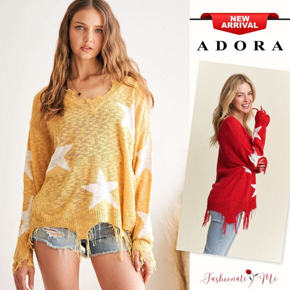 ADORA Distressed Detail Star Pattern Wide V-Neck Lightweight Sweater | Yellow - Picture 1 of 5